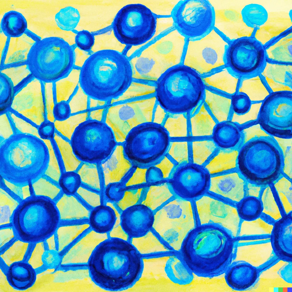 DALL-E: Oil pastel painting of a 3d mesh net of blue balls, with few connections between the balls